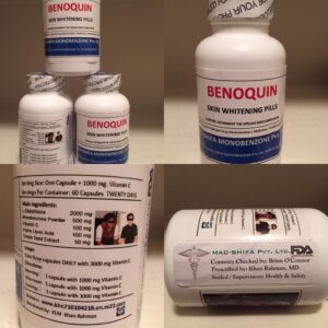 Benoquin whitening pills Benoquin (Monobenzone) is used as a vitiligo treatment. It acts as a dipigmenting agent, and helps to whiten or lighten darker areas of skin affected by vitiligo, so as to help make the colour of the skin even.